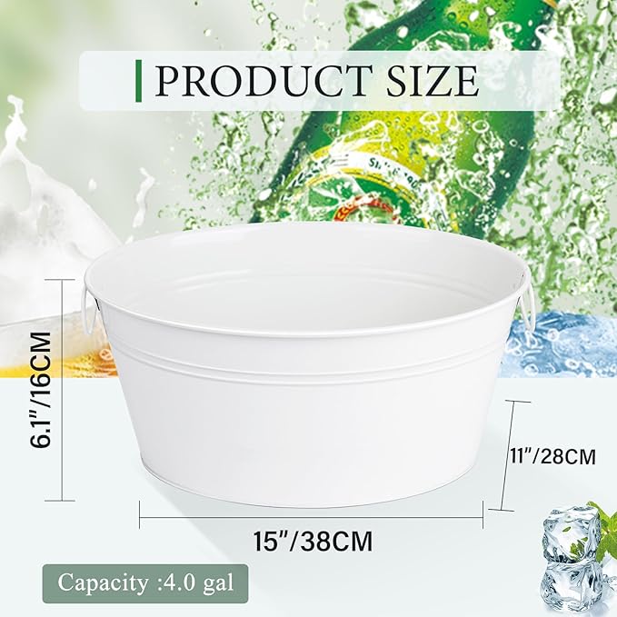 Ice Bucket, Oval Beverage Tub, Galvanized Bucket and drink Cooler for Parties, Ice Tub with Handles for Beer Sparkling Whisky Wine Cocktails (3.5gal) (White)