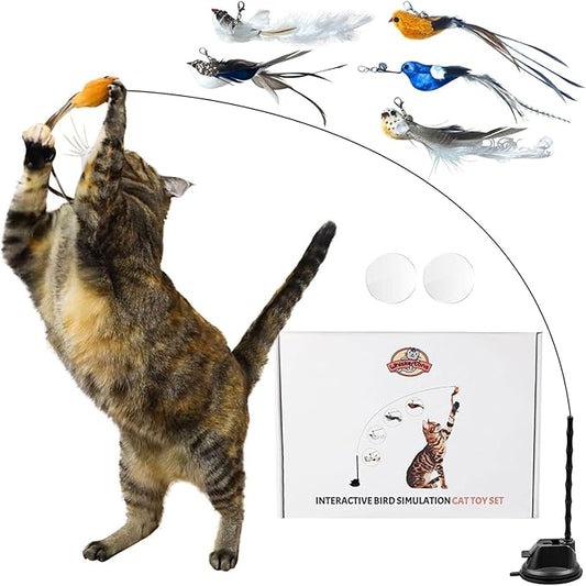 Interactive Bird Simulation Cat Toy Set, Interactive Cat Toys for Indoor Cats, Cat Feather Toy, Self-Holding Suction Base, 5 Replacement Birds, Feathers & Bells, Realistic Bird Impression
