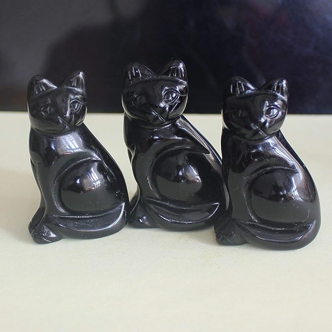 2‘’ Hand Carved Mixed Gemstone Crystal cat Animal Figurine Animal Carving (Black Obsidian)