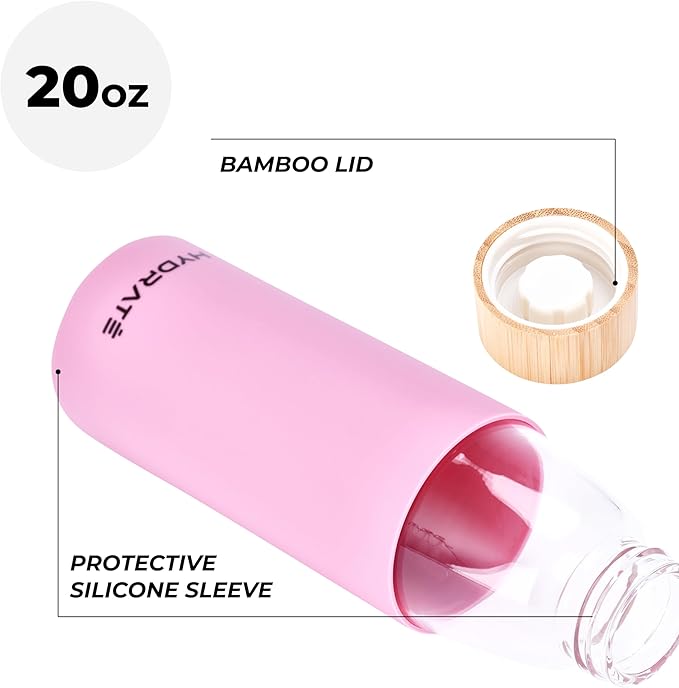 HYDRATE Bottles 20oz Glass Water Bottle with Bamboo Lid - Clear Refillable Bottle with Pink Silicone Sleeve - Leak-Proof Lid - Classic Design for Extra Convenience - Ideal for Drinking Water, Juice