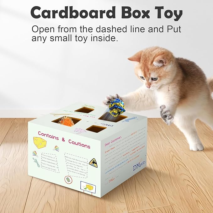 Migipaws Automatic MigiBox Plus Cat Toys 3 n1 Interactive Pounce Mystery Under PopSkin 12 Holes Cardboard Kitten Toys for Indoor Rechargable 8 Accessories(White)