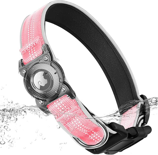 ONEONTA Airtag Dog Collar | Waterproof Airtag Dog Collar Holder with Removable Metal Loop - Airtag Collar Heavy Duty, Reflective, Ultra-Durable, Comfortable Padded, for Small Medium Large Dog Pink XL