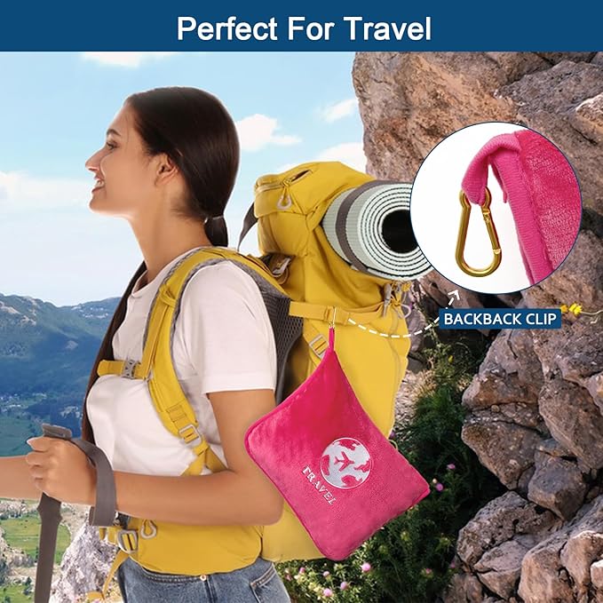 Bnuitland Travel Blanket and Pillow 2 in 1, Soft Flannel Airplane Blanket in Bag Compact-Long Flight Essential for Adults and Kids, Portable Luggage Sleeve and Backpack Clip, 65×40 inch Hot Pink