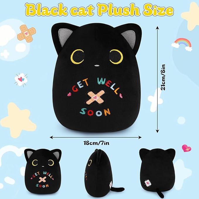 Get Well Cat Plush Toy, Black Cat Get Well Soon Stuffed Animal Gift for Kids Women,Soft Cute Black Huggable Pillow Kawaii Plushies Gift for Girls Boys