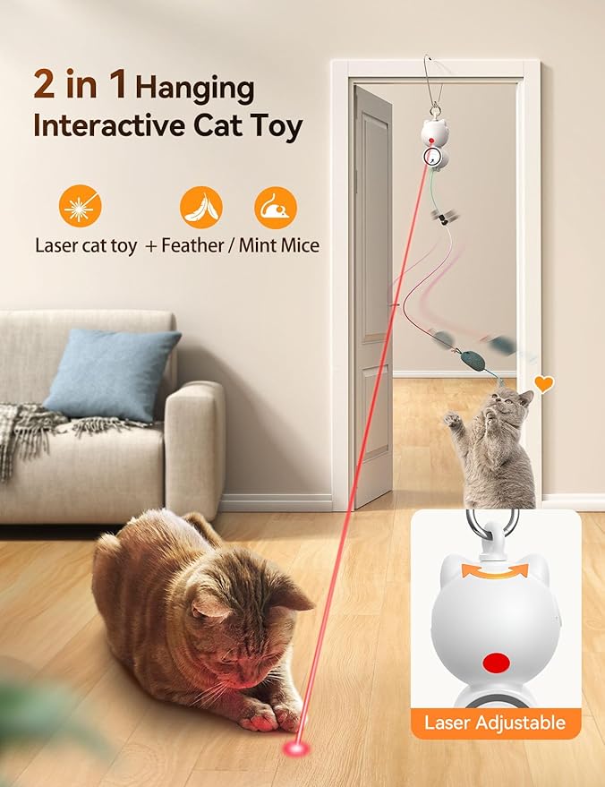 Laser Cat Toys for Indoor Cats, Interactive Cat Toy LED Light Hanging, Cats Wand Toy Feather, Feather & Mouse for Bored Adult Kitten Exercise, White