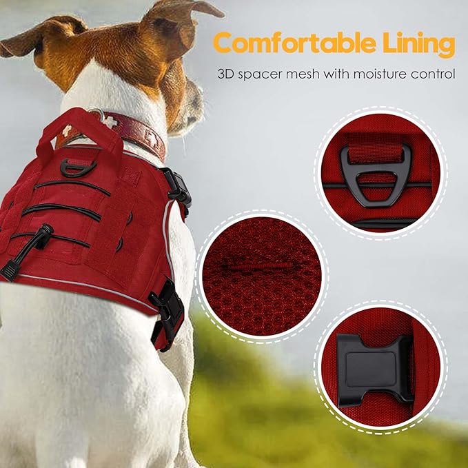 Heavy-Duty Tactical Dog Harness for Large Dogs, No Pull Adjustable Reflective Pet Vest with Molle System, K9 Military-Grade Control for Service Training, Outdoor & 10+ Breeds, Red, Medium
