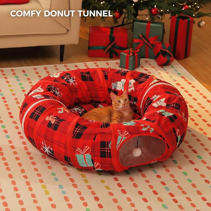 PAWZ Road Cat Tunnel Christmas Cat Donut Tunnel Collapsible Cat Tunnel Tube Dia-38 inches with Soft Mat for Indoor Cats, Rabbits and Puppies, Red