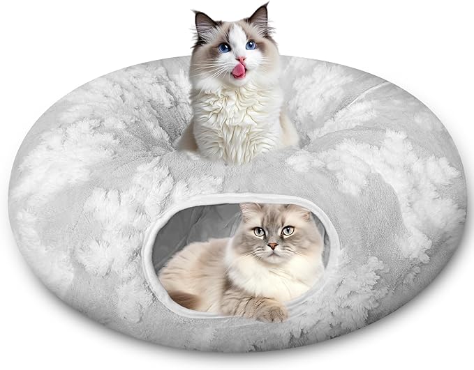 Cat Tunnel Bed for Indoor Cats, Cute Cat Donut Tunnel with Washable Circle Cushion, Under Christmas Tree Soft Plush Peekaboo Cat Cave Toy for Kitten, Puppy, Rabbit (Grey)