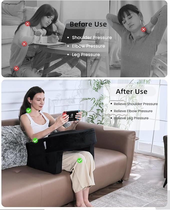 Weighted Idea Reading Pillow for Gaming, Extra Large Arm Rest Pillow for Adult，Lap Desk Pillow Gaming Pillow with 2 Side Pockets for Gaming, Reading, Working Sitting in Bed Floor Sofa (Black)