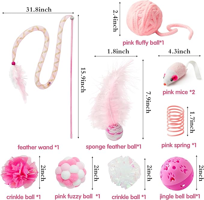 MALLMALL6 10Pcs Cat Toy Set Interactive Cat Toys Pack Including Feather Teaser Wand Cat Springs Mice Crinkle Balls and Pet Bell Balls, Puzzle Toys for Indoor Cats Gift (Pink)