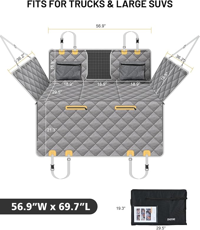 Back Seat Extender for Dog, Waterproof Dog Car Seat Cover for Back Seat, Hard Bottom Car Seat Cover, Large Space Hammock for Full-Size Crewcab Trucks, Pet Seat Cover Holds 450lbs(Grey)