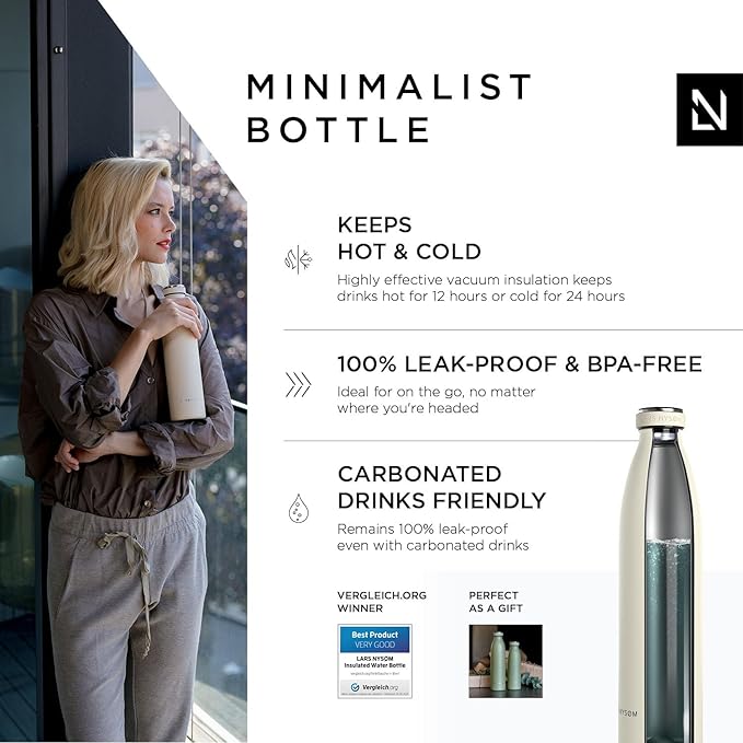 LARS NYSØM Stainless Steel Insulated Water Bottle 12oz 17oz 25oz 34oz 51oz | BPA-free Insulated Thermo Flask for Hot and Cold Beverages | Leakproof Drinking Bottle (Buttercream, 34oz)