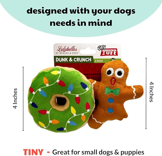 Huxley & Kent Tiny Tuff | Dunk & Crunch | Christmas Holiday Extra Tough Dog Toy for Small Dogs | 2-Pack Funny Dog Toy | Features Squeaker, Crinkle | Machine Washable