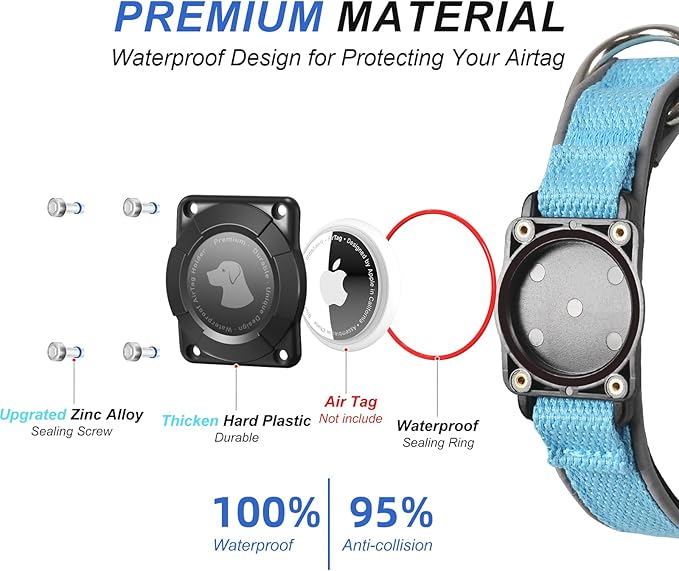 Waterproof Airtag Dog Collar - Nylon Collar with Durable Airtag Holder, Reflective&Anti-Lost with Safety Metal Buckle, Soft Padded Adjustable for Small Medium Large Dogs Blue L