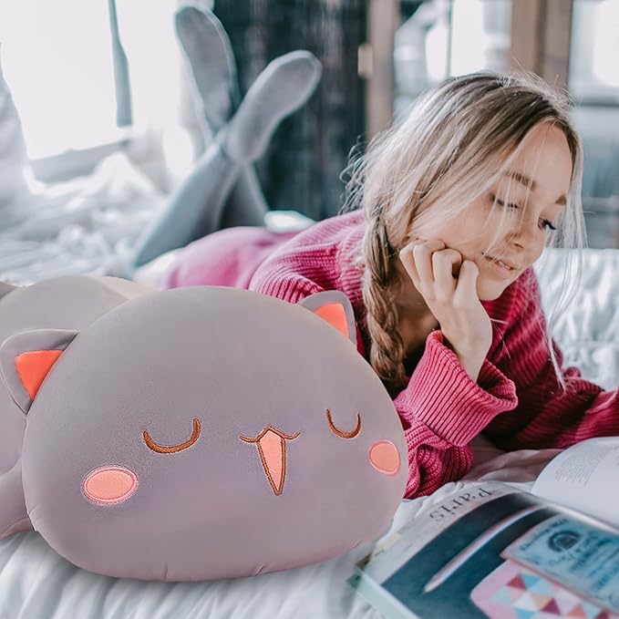 FUYU Cat Stuffed Animals, Soft Cat Plush Pillow Kawaii Kitten Stuffed Animal Toy Gifts for Kids Boys Girls Room Decor (Gray Squinted,35in/87)