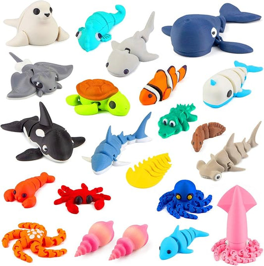 22PCS 3D Printed Sea Animals Toys, 3D Printed Mini Ocean Animals Articulating Flexible Fidget Toys, Cute Animal Figurines Toys Birthday Office Desktop Home Decoration