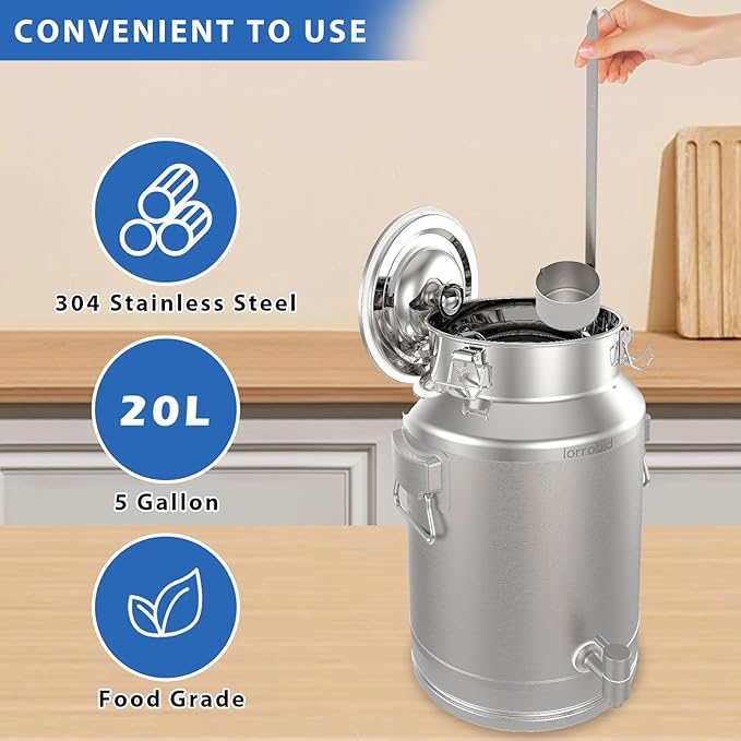 Milk Can, 304 Stainless Steel 20 Liter Milk Can with/Lid, 5 Gallon Milk Jug, Heavy Duty Tote Stainless Steel Water Jug, Milk Bucket Wine Pail Bucket for Milk and Wine Liquid Storage.