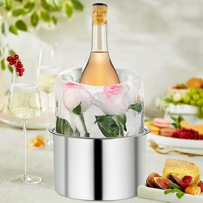 Silicone Ice Bucket Mold Wine Bottle Chiller, [EASY TO GET OUT] DIY Champagne Ice Mold with Flowers/Fruits/Theme Decors, Wine Ice Bucket for Parties/Wedding/Festival/Holiday