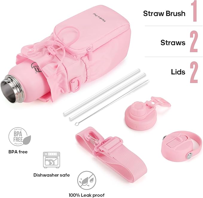 HydroPal Insulated Water Bottles 40 oz with 2 Leak Proof Lids & Water Bottle Holder, Wide Mouth Sport Water Bottle with Straw, Reusable Stainless Steel Water Flask, Double Walled Vacuum Thermos