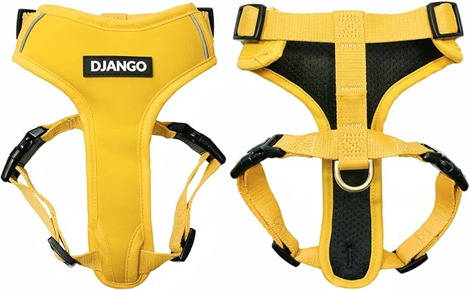 DJANGO Adventure Dog Harness - Stylish Large Dog Harness for Outdoor Adventures and Everyday Wear - Dandelion Yellow Neoprene Adjustable Harness for Dogs with Reflective Piping and Solid Brass D-Ring