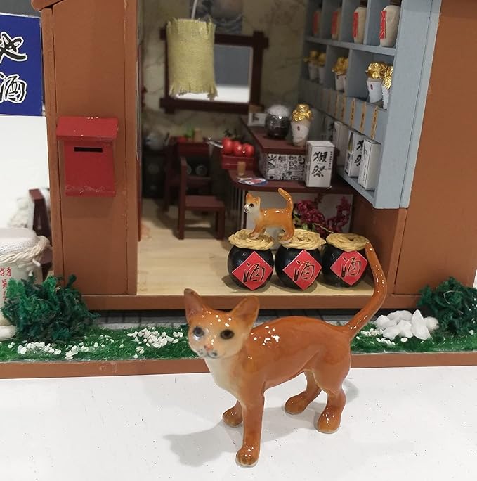 Ceramic Burmese Cat Mom and Baby Kitten Figurine Pet Kitty Porcelain Collectible Miniatures Dollhouse Hand Painted Animal Red Brown, 2.1 x 0.9 x 2 inches (L-W-H)