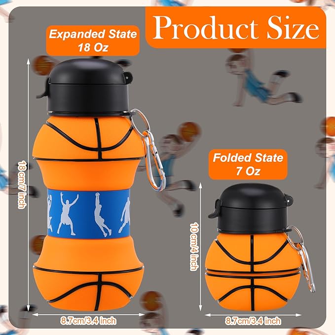 Layhit 8 Pcs Collapsible Basketball Water Bottle 18oz Basketball Cups Gifts for Kids Silicone Portable Leakproof Folding Water Bottle with Hook for Sports School Travel
