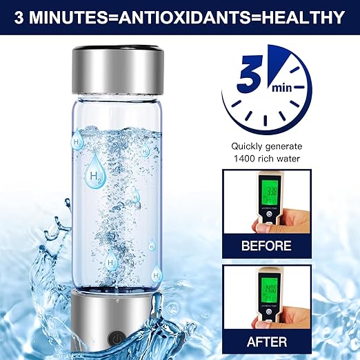 Hydrogen Water Bottle, Portable Rechargeable Hydrogen Water Bottle Generator, 3 Min Quick Electrolysis Hydrogen Rich Water Bottle 460ml for Travel Office Exercise Daily Drinking (Silver)