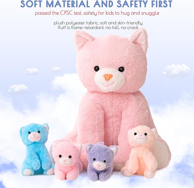 5 Pieces Cat Stuffed Animals for Girls, 1 Mommy Cat with 4 Babies, Soft Plush Cat Toy Set for Kids 3-9, Gifts for Christmas, Birthday, Children's Day, Valentine's