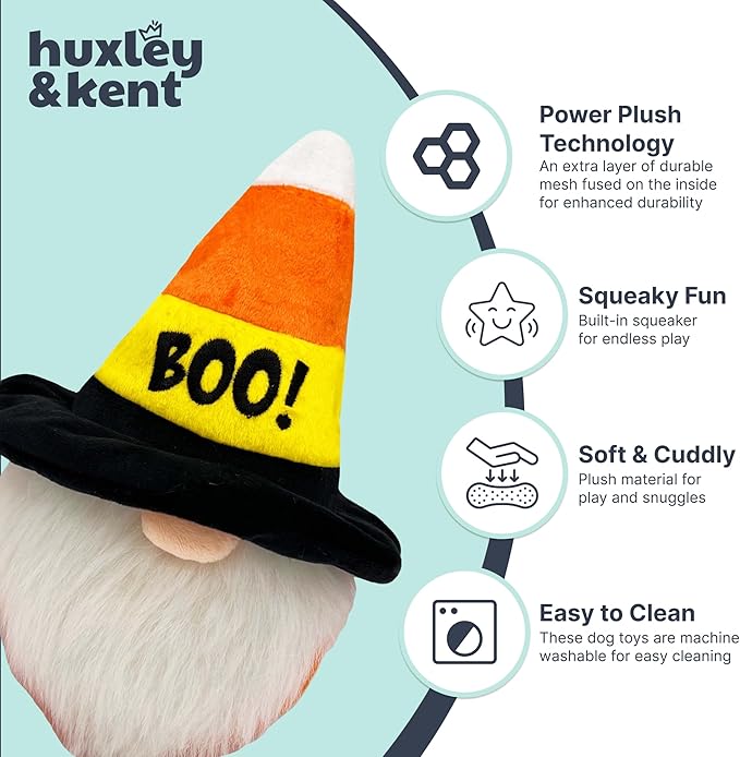 Huxley & Kent Halloween Funny Dog Toy w/Squeaker – Power Plush Squeaky Dog Toys for Small, Medium & Large Dogs – Soft Stuffed Animal for Indoor Play & Fetch - Candy Corn Gnome, One Size