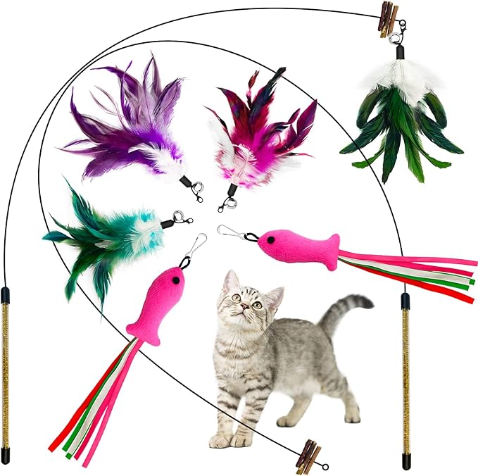 Cat Wand Toy, Cat Feather Toys with Silvervine & Bells, 2 * Teaser Wand & 6 * Teaser Refills, Extra Long 38.5" Wire Wand, Toy for Indoor Cats & Kitten & Kitty