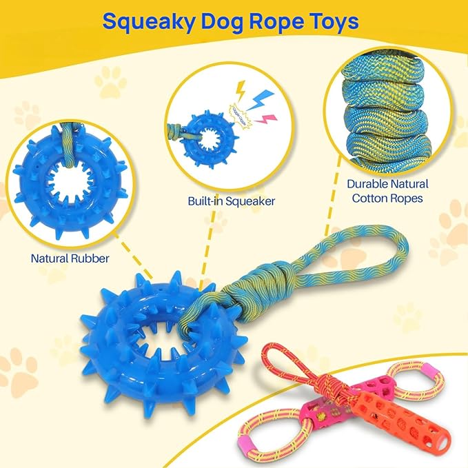 5 Pack Squeaky Dog Rope Toy & Treat-Dispensing Toys for Medium Large Dogs, Interactive Tug of War Dog Toys for Slow Feeder/Training/Playing