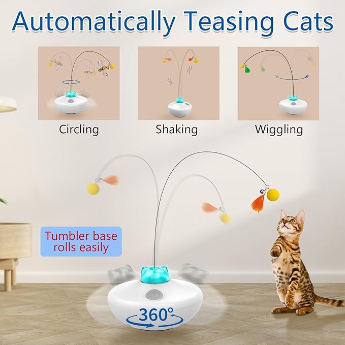 Interactive Cat Toys Cat Exercise Tumbler, Rechargeable Cat Toys for Indoor Cats Spin Butterfly Game Teasing Kitty, Extra Long Feather Wand (P33 cat Toys)