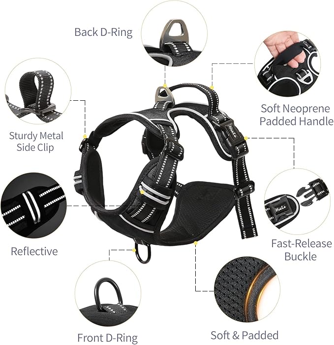 HEELE Dog Harness Dog Harness Small Dog No Pull Harness with Soft Handle Reflective Harness Adjustable, Black, S