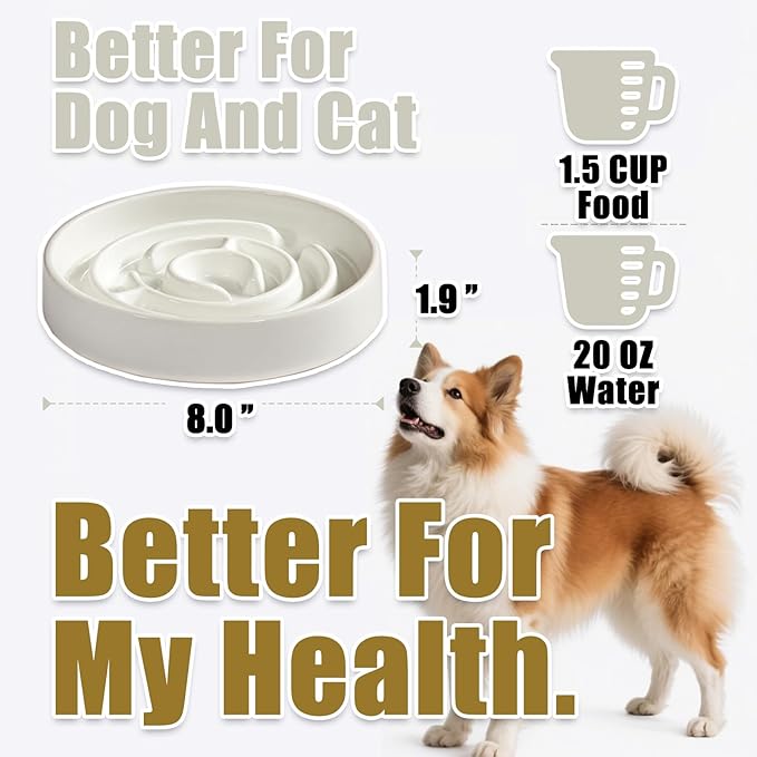 Slow Feeder Dog Bowls, Ceramic Dog Bowl with Anti-Slip, Slow Feeder & Non-Slip Design, Boredom and Anxiety Reducer, Suitable for All Breed Dogs and Cat (Ceramic-White)