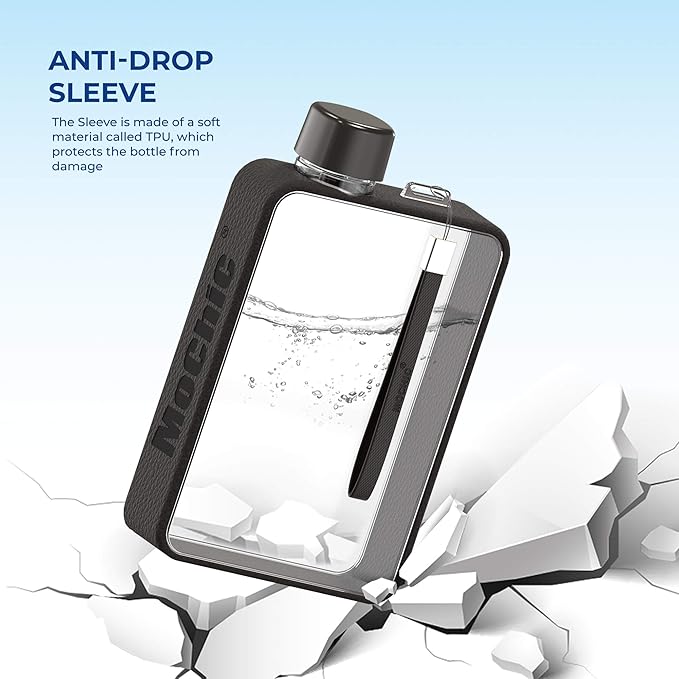 Mochic 13oz Flat Water Bottle - Portable Travel Mug Handbag Slim Cold Plastic Flask | BPA Free A5 Water Bottle Tritan Plastic | Sports, Camping, Gym, Fitness, Outdoor - Leak Proof. 380ml (Black)