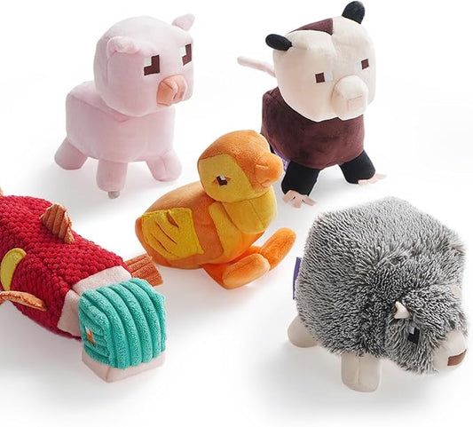 5 PC Small Medium Dog Toys, Cute Soft Squeaky Crinkle Plush Stuffed Durable Plush Dog Chew Toy to Keep Them Busy Cognitive Stimuting Puppy Toys for Boredom, Square Pixel World Style