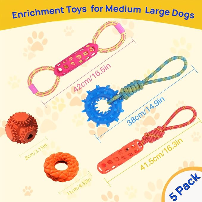 5 Pack Squeaky Dog Rope Toy & Treat-Dispensing Toys for Medium Large Dogs, Interactive Tug of War Dog Toys for Slow Feeder/Training/Playing