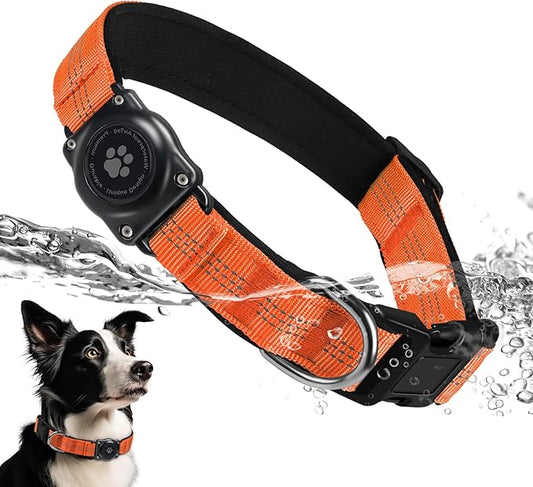 Upgraded AirTag Dog Collar, IP68 Waterproof Air Tag Dog Collar Holder, Reflective, Ultra-Durable, Comfortable Padded, Heavy Duty Dog Collars for Small Medium Large Dogs (M (12.6"-17.1"), Orange)