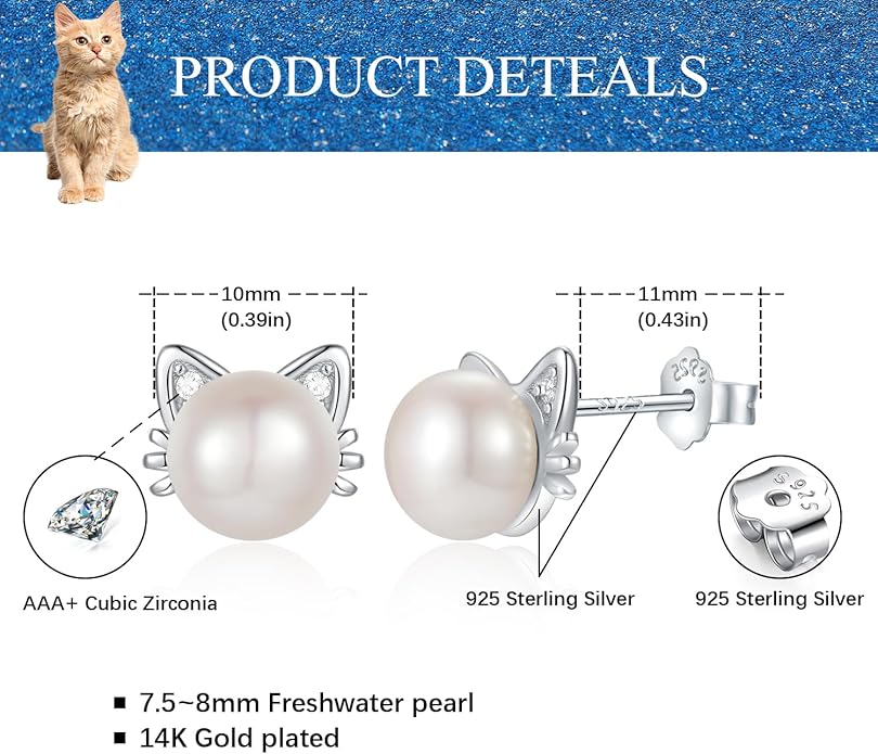 925 Sterling Silver Freshwater Pearl Cat Stud Earrings for Women, Cat CZ Studs Hypoallergenic Jewelry Gift