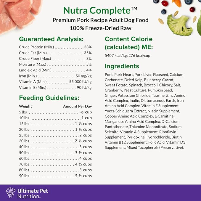 ULTIMATE PET NUTRITION Nutra Complete, 100% Freeze Dried Veterinarian Formulated Raw Dog Food with Antioxidants Prebiotics and Amino Acids, (1 Pound, Pork)