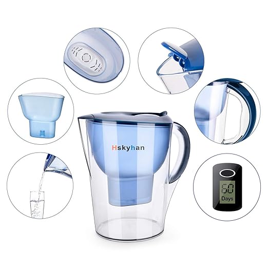 Alkaline Water Filter Pitcher - 3.5 Liters Improve PH, BPA Free, 2 Long Lasting Filters Included, Replacement cartridge timer, 7 Stage Filtration System (Blue)