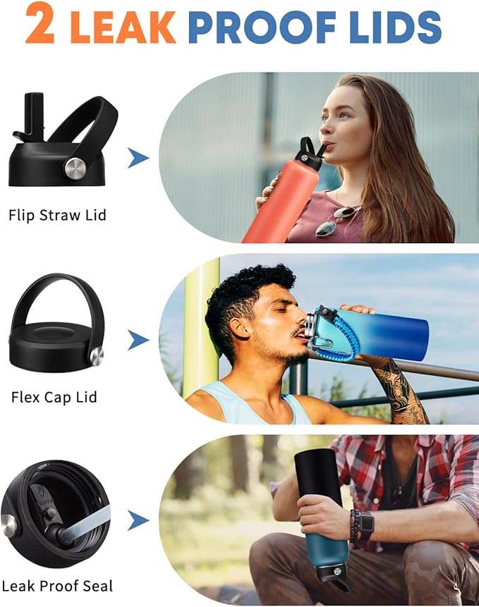 40oz Insualted Water Bottle Leak Proof Stainless Steel Flask Water Bottles with Straw Flex Lid, Survival Paracord, Shoulder Carrier Bag, Metal Hydro Water Flask Mug Sports Hiking Cycling Work