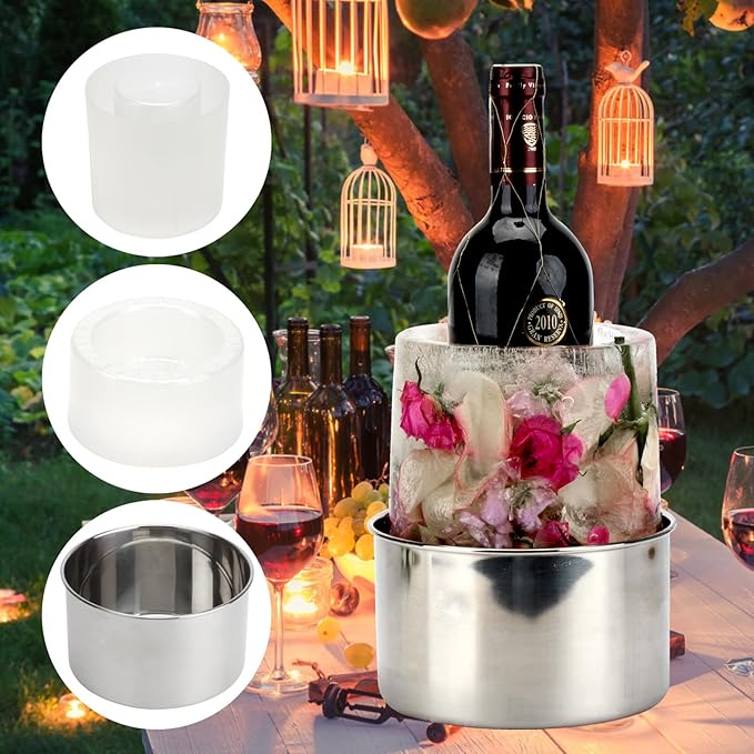 Ice Mold Wine Bottle Chiller Champagne Ice Bucket Mold, DIY Ice Mold with Flowers Fruits Theme Decors for Wine Champagne Cocktails, Wine Bucket Chiller for Parties Bar Wedding Festival Holiday