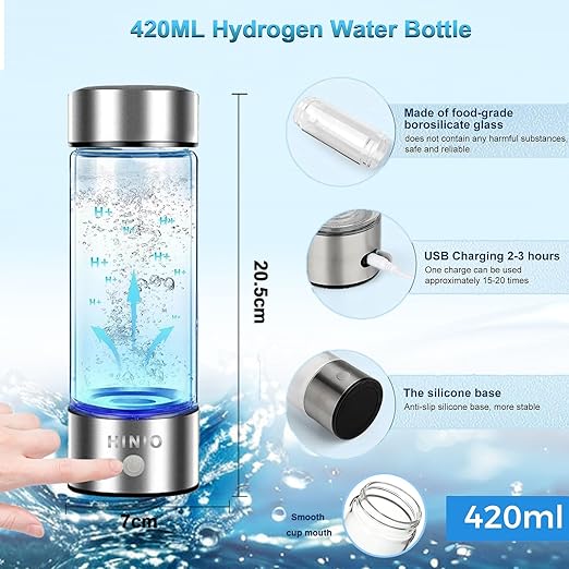 Hydrogen Water Bottle, Fast Hydrogen Water Bottle Generator, 420ml Portable Hydrogen Water Electrolyzer, Hydrogen Water Machine 3 Minutes Improve Daily Drinking Water for Home, Travel, Camping Silver