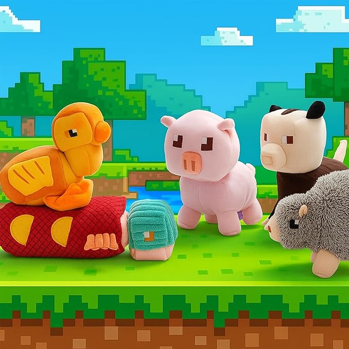 5 PC Small Medium Dog Toys, Cute Soft Squeaky Crinkle Plush Stuffed Durable Plush Dog Chew Toy to Keep Them Busy Cognitive Stimuting Puppy Toys for Boredom, Square Pixel World Style