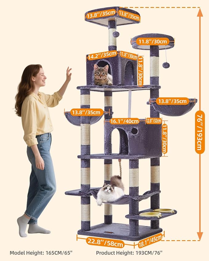Taoqimiao 76-Inch Cat Tree Cat Tower for Indoor Cats, Plush Multi-Level Cat Condo with 12 Scratching Posts, 2 Perches, 2 Caves, Hammock, 2 Pompoms MS016G Smoky Gray