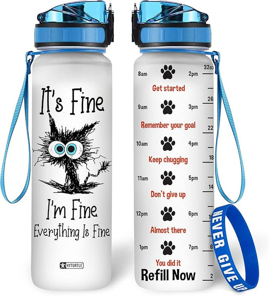 Hyturtle Cat Water Bottle - 32 Oz 1Liter Motivational Bottle With Time Marker, It's Fine I'm Fine Everything Is Fine Water Bottle Gifts For Daughter Farm Girl Cat Pet Lover Christmas Birthday