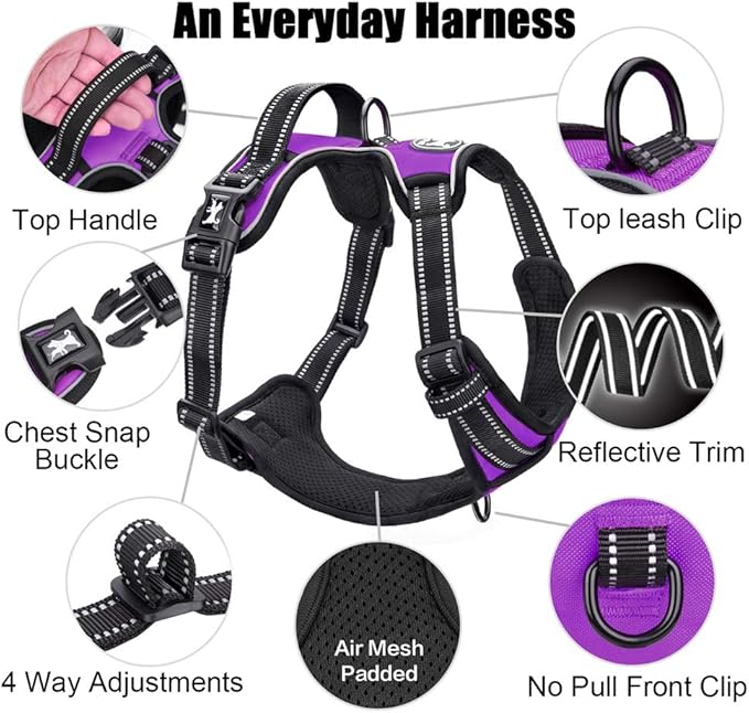 PoyPet No Pull Dog Harness, Reflective Comfortable Vest Harness with Front & Back 2 Leash Attachments and Easy Control Handle Adjustable Soft Padded Pet Vest for Small to Large Dogs (Purple,M)