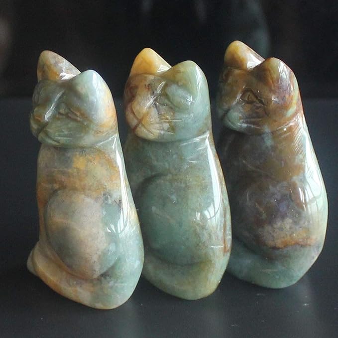 2‘’ Hand Carved Gemstone Crystal Indian Agate cat Figurine Animal Carving