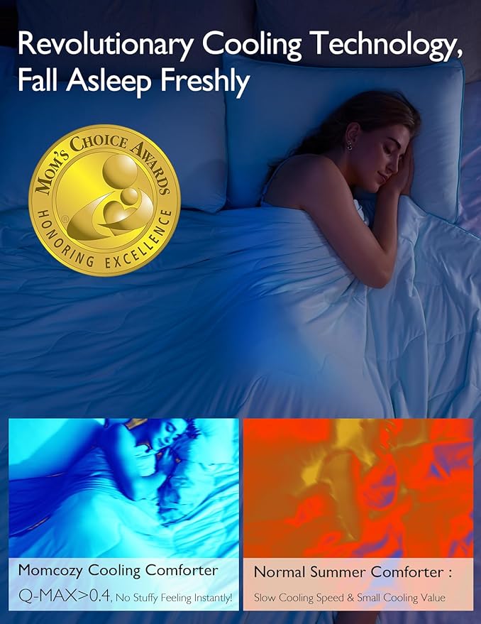 Momcozy Life CoolMurm Cooling Comforter for Hot Sleepers, Twin/Twin XL 68" x90” Pregnancy Cooling Blanket, All-Season Lightweight Soft Breathable Cooling Quilt Duvet, Cool All Night, Deep Light Blue